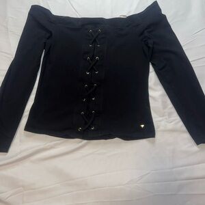 Guess Black Lace-Up Off-Shoulder Blouse